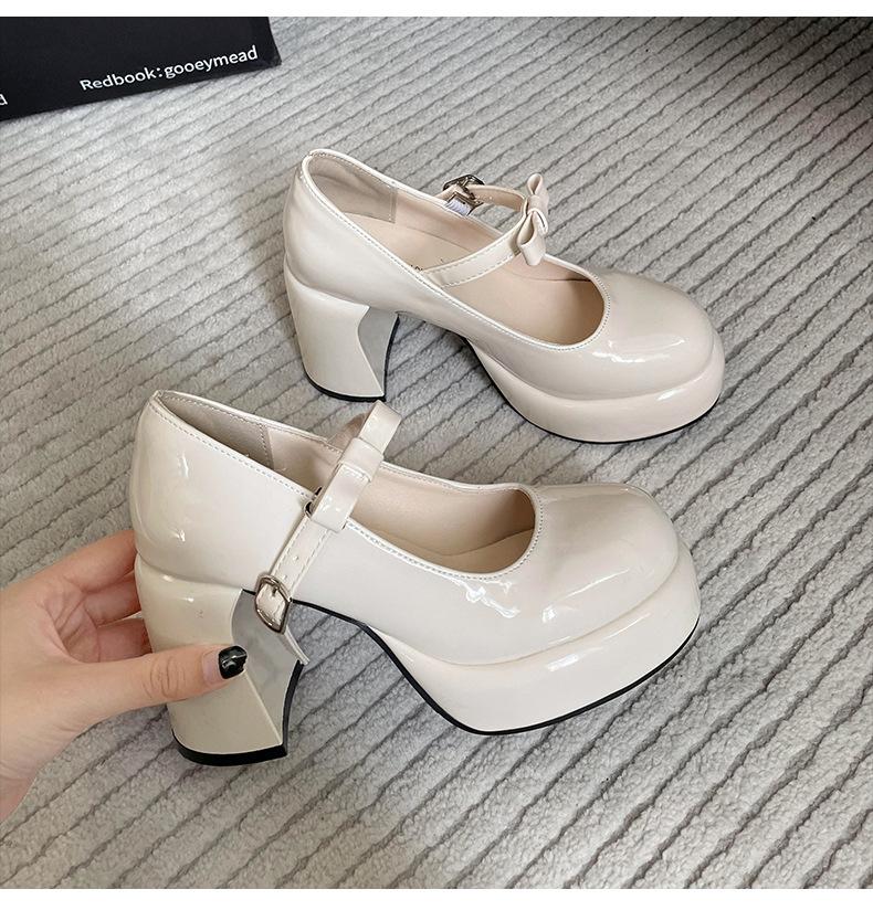 White French small thick heel high heels women's 2025 new summer round head retro Mary Jane small leather shoes