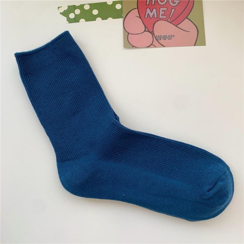 Bomull Ensfarvede Sokker for Kvinner, Høst Tynne Tynne Stripete Frotte-sokker for Kvinner, Midt-legg Sokker
