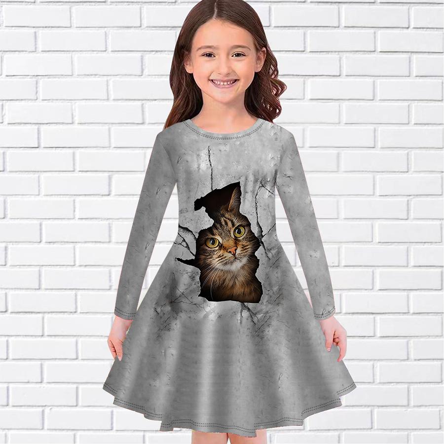 

Повседневное платье для девочек с принтом мраморной двуглавой кошки, круглым вырезом и длинными рукавами, детское платье принцессы 180 серый