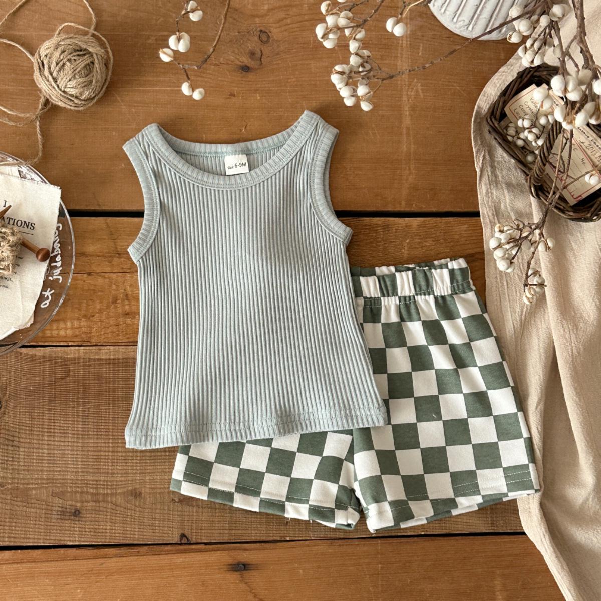 Breathable Korean Style Plaid Sleeveless Vest & Shorts Set for Kids 12-18M