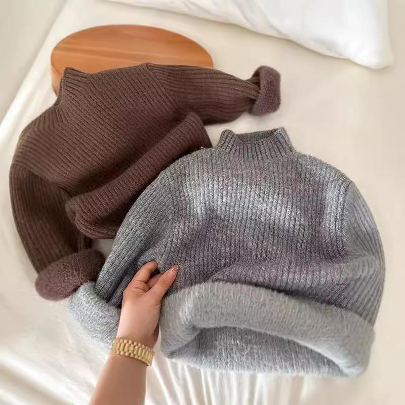 Kids Thick Fleece Lined Knitted Sweater Warm Winter Long Sleeve Pullover For Boys And Girls