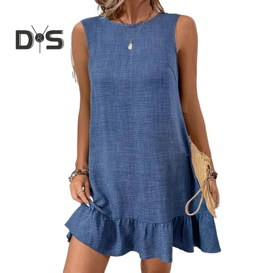 Summer Sundress Ruffle Hem Loose Sleeveless Round Neck Solid Color A-line Mini Dress for Beach Datings Vacation