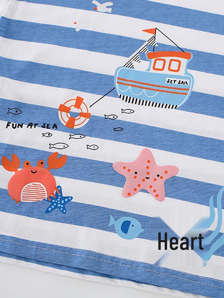 Summer 2023 Cartoon Ocean Print Kids' T-Shirt – Casual, Fashionable Round Neck