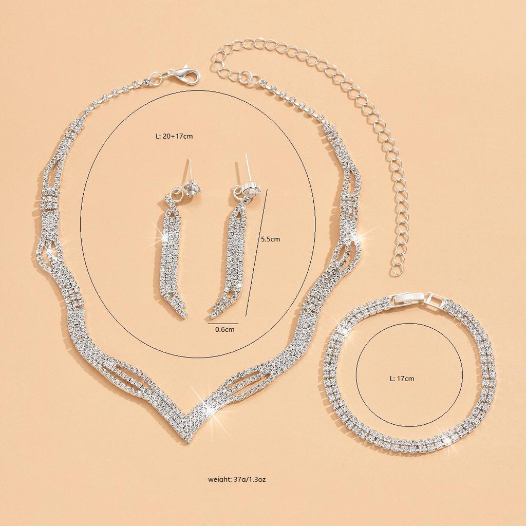 Super Flash Rhinestone Necklace Earrings Bracelet Set Clavicle Chain Bridal Jewelry Three-Piece Set