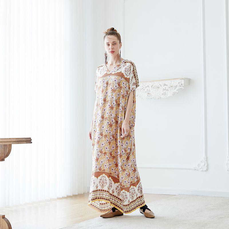 

Dance Flower Meat D120 Big Brand Graceful European and American Wind Catwalk Retro Artsy Big Robe Loose Extra Long Vacation Long Dress As Shown in Pictures S