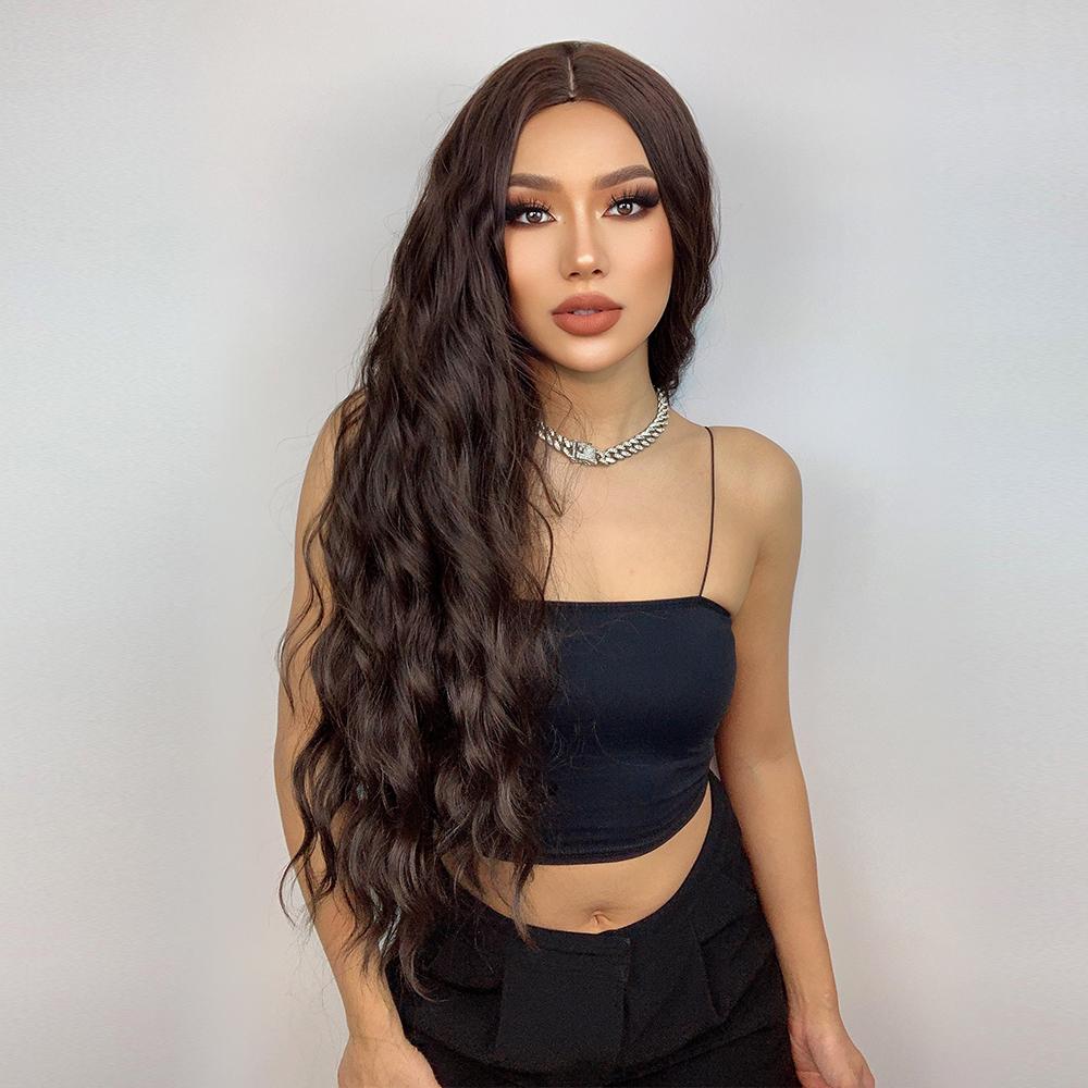 Long Dark Brown Wavy Synthetic Wigs Hair Wigs for Women Deep Wave Daily Cosplay Wigs Heat Resistant