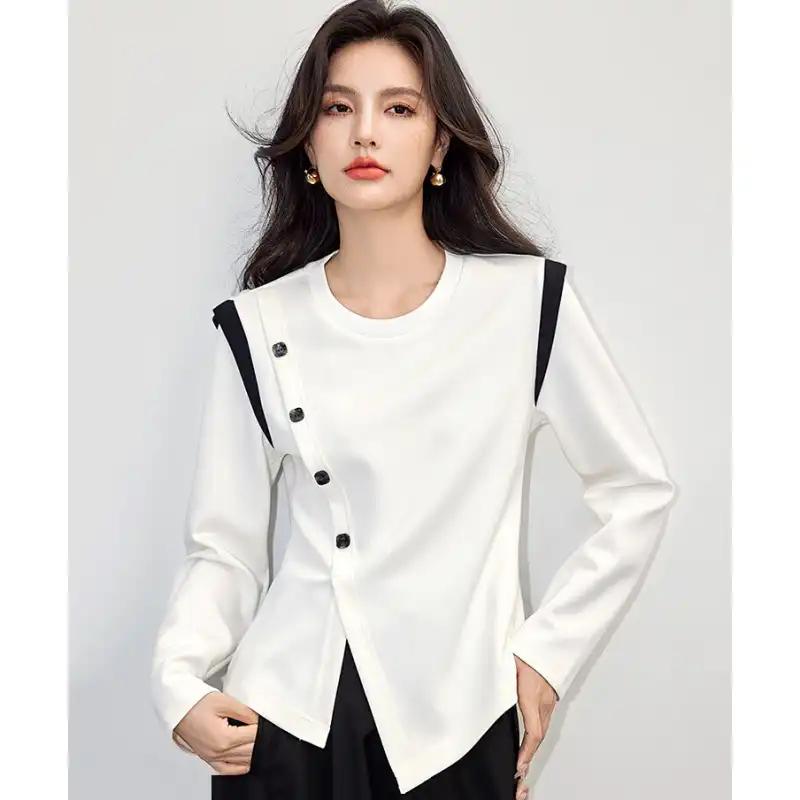 

Women s White Asymmetric Blouse - Black Accent Long-Sleeve Top L білий