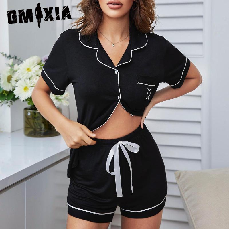 

GMXIA Комплект домашней одежды Кардиган Футболка с коротким рукавом Шорты Летняя пижама для женщин XL чёрный