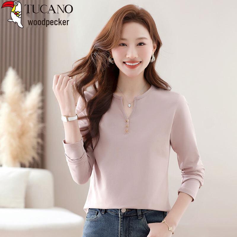 Women's Plus Size V-Neck Long-Sleeve Cotton T-Shirt