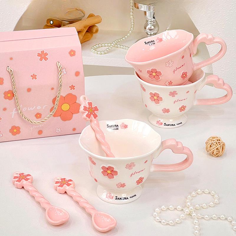 Sakura Mug with Spoon for Women's Office Coffee Cup Simple Ceramic Breakfast Cup Household Milk Cup Portable Box