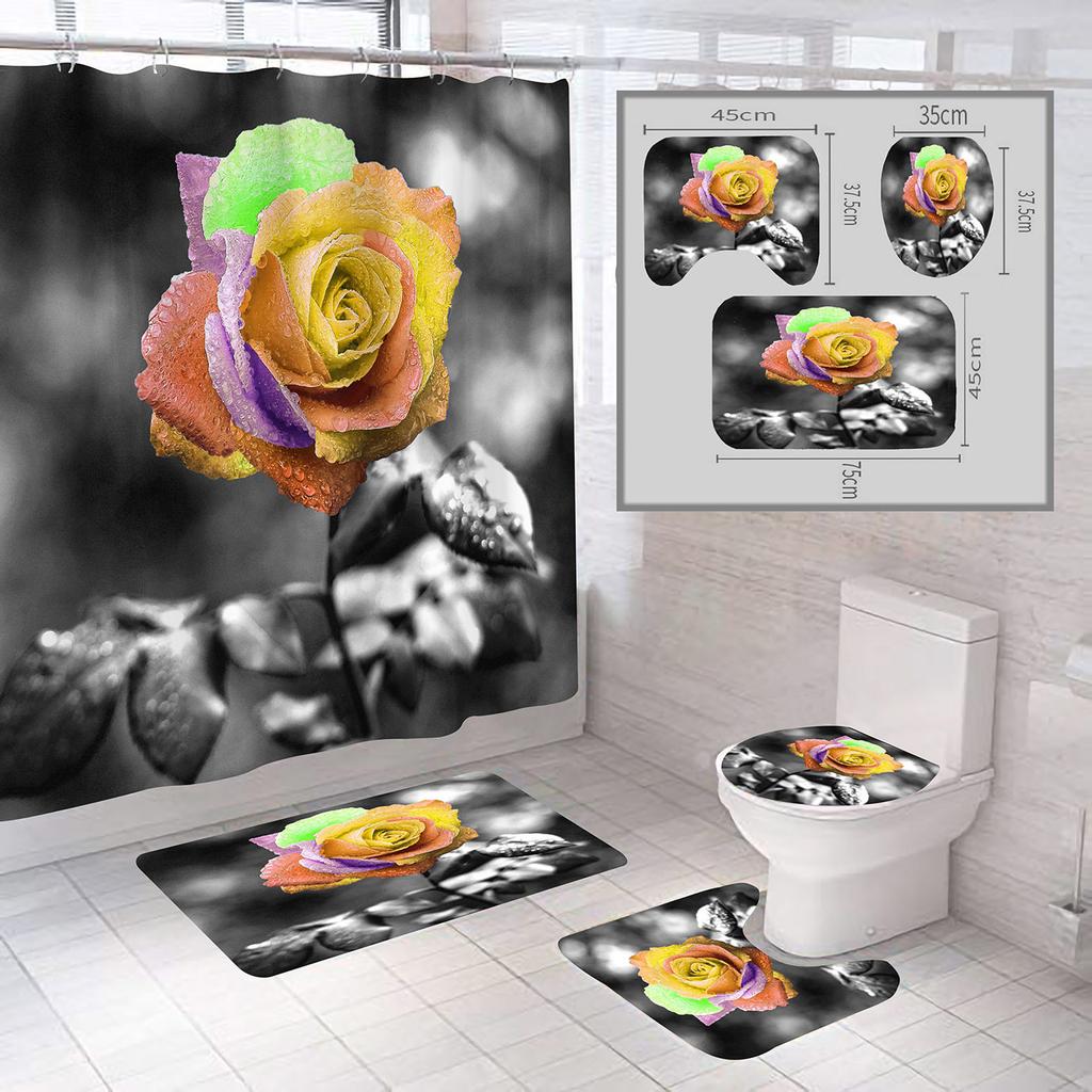 Wholesale Valentine's Day Rose Collection: Polyester Waterproof 3D Digital Print Shower Curtain & Bath Mat 4-Piece Set + Toilet 3-Piece Set