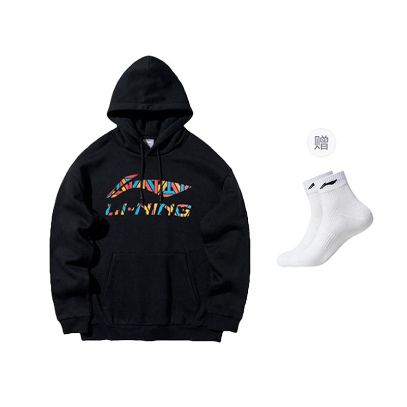 Li Ning Colorful Large Logo Fleece Lined Loose Fit Hooded Sweatshirt Unisex Black AWDRC35-1