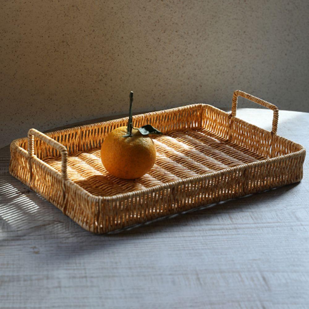 New Plastic Storage Tray with Handle Wicker Woven Woven Basket Multifunction Rectangular Serving Tray Dining Table