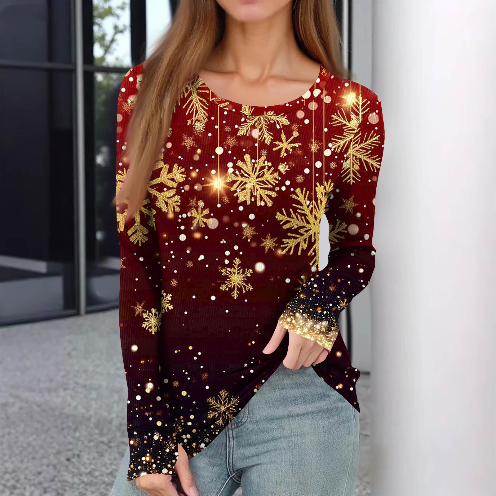 

Женская зимняя приталенная футболка Модная повседневная с градиентным принтом с круглым вырезом пуловер с длинным рукавом топ L