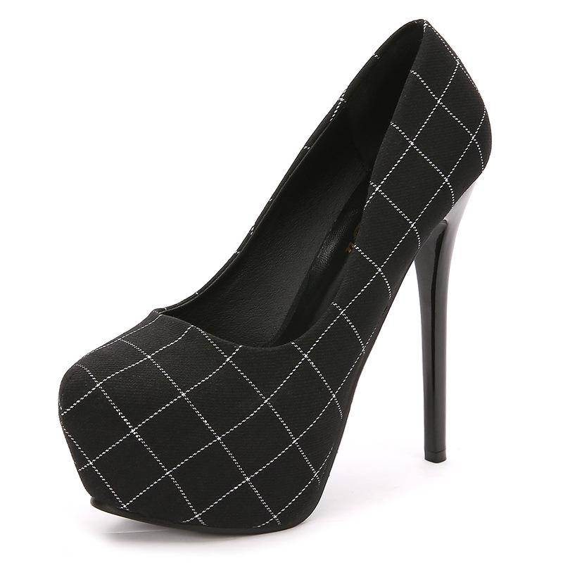 

Новая весенне-осенняя клетчатая тканевая пятка тонкий каблук водонепроницаемая платформа круглый носок женская обувь туфли-лодочки для дома 34