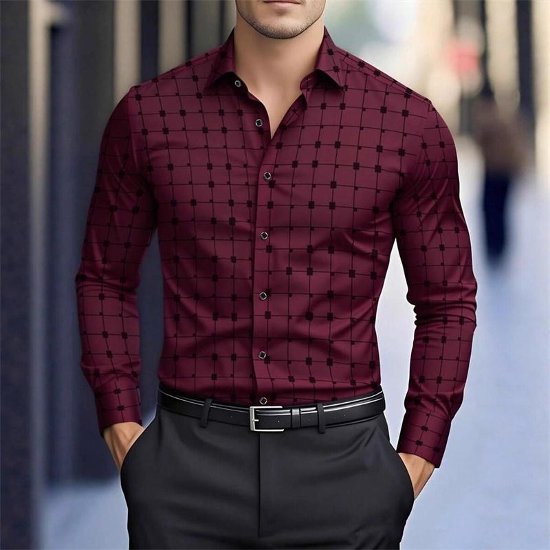 Men's Stylish Geometric Square Print Long-sleeved Shirt, Slim Fit Business Casual Shirt