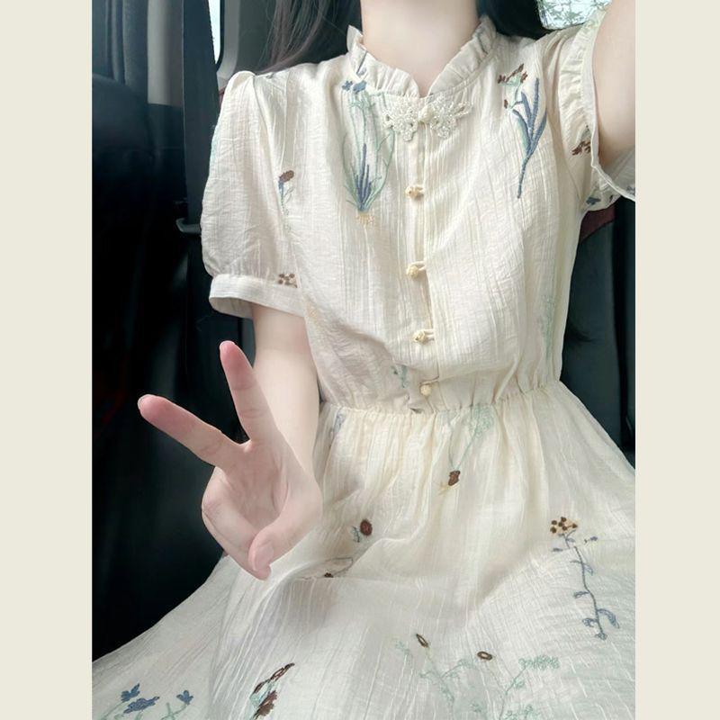 

New Arrival Women s Summer Chinese Pastoral Embroidered Slimming Dress - Artistic Waist-Cinching Long Dress S (below 100 lbs) брудно-білий
