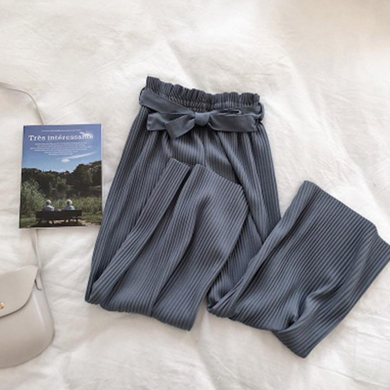 

Осенние широкие брюки, женские повседневные брюки с высокой талией и поясом с бантом, новые плиссированные брюки, женские брюки синий