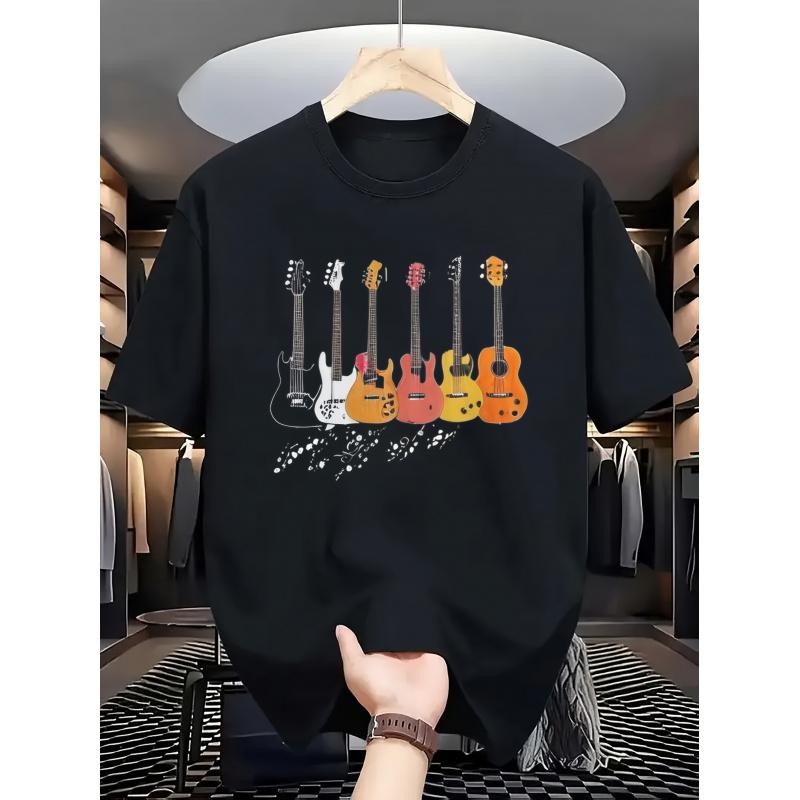 Men'S Casual Crew Neck T-Shirt with Guitar Graphic Print, Fabric, Regular Fit, Summer Short Sleeve Tee for Music Lovers, Everyday Tshirt Music Themed