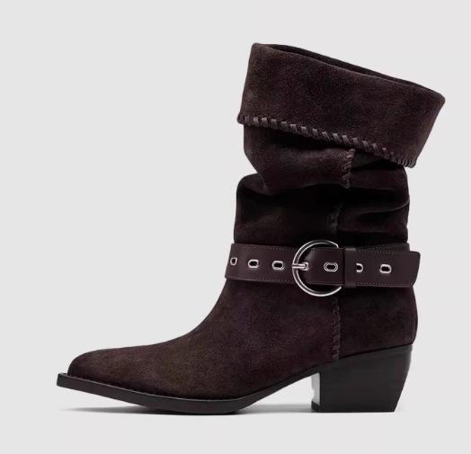 Lapel Two Wear Wide Tube Stacking Boots Pointed Western Cowboy Boots Summer Boots Women's Thick Heel Versatile Medium Boots