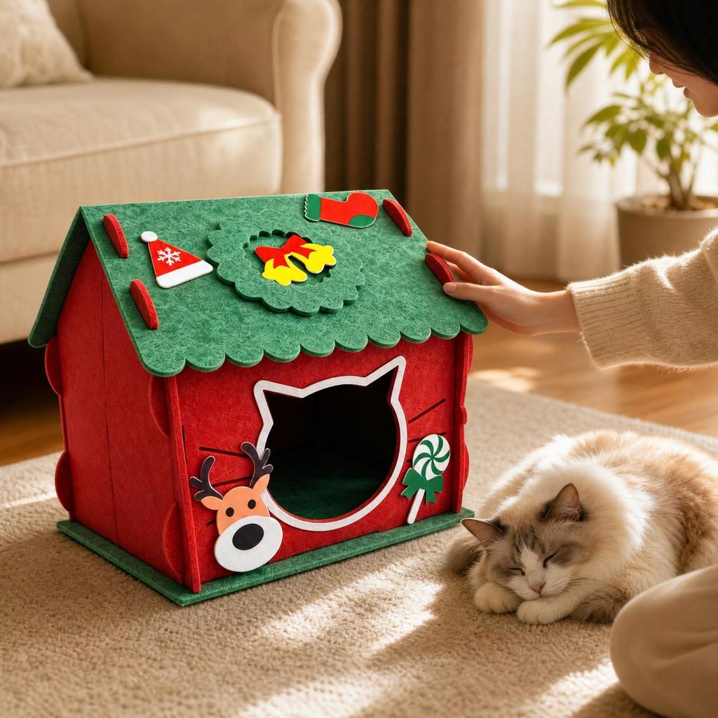 Pet House Festive Christmas-Themed Felt Cat Cozy for Home Corner Placement