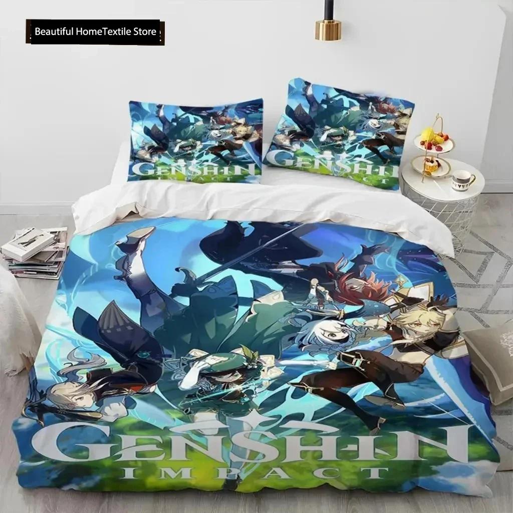 Anime Genshin Impact Hra Ložní souprava Chlapci Dívky Velikost Twin Queen Povlak na přikrývku Povlak na polštář Postel Děti Dospělí Domácí textil