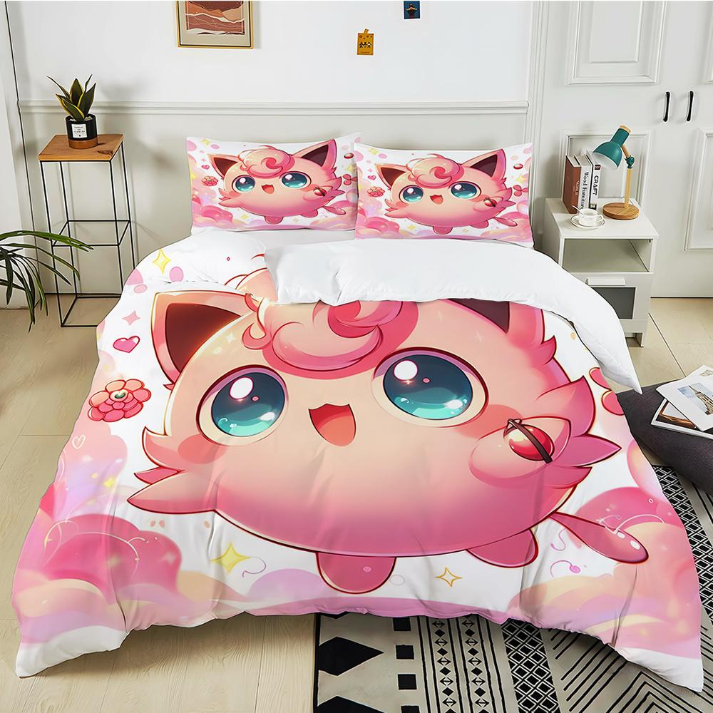 Next Day Shipping P0kem0n Jigglypuff Print Pink Bedding Set 3PC 1 Duvet Cover 2 Pillowcases Adult Kids Bedding Set Comforter Set