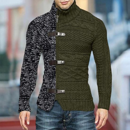 Casaco Suéter de Inverno Masculino Combinação de Cores Assimétrico Mangas Longas Gola Alta Ajuste Slim Quente Tricotado Proteção de Pescoço Suéter de Outono para Escritório