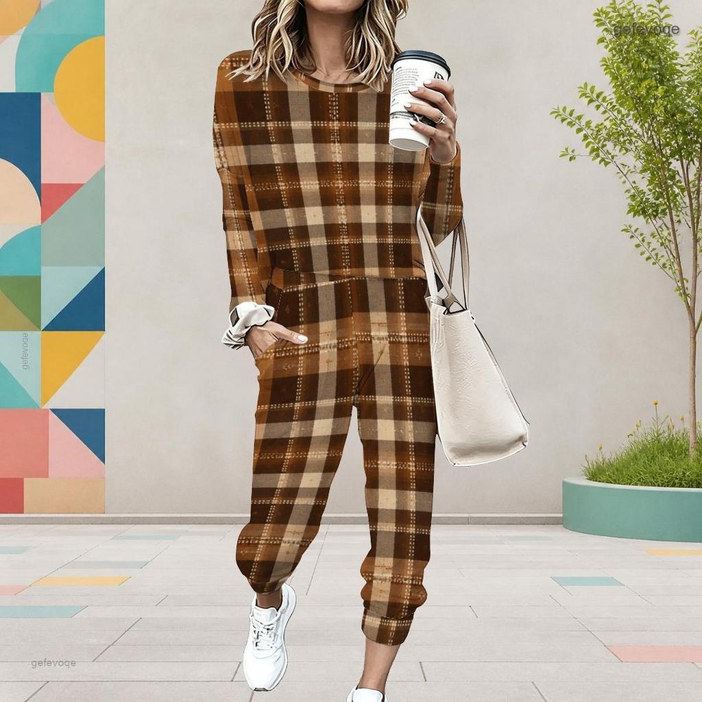Women Plus Size Round Neck Long Sleeve Brown Plaid Printed Two Piece Set Cuffed Top Cuffed Pants With Pockets