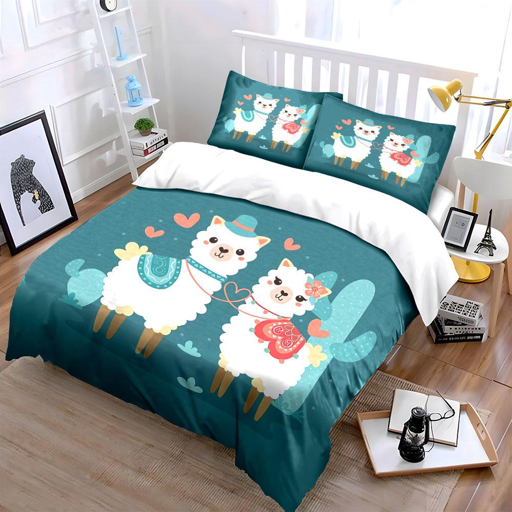 Cute Llama Couple with Hearts Bedding Duvet Cover Set Duvet Cover Pillowcases (1*Duvet Cover 2*Pillowcases, without duvet insert)