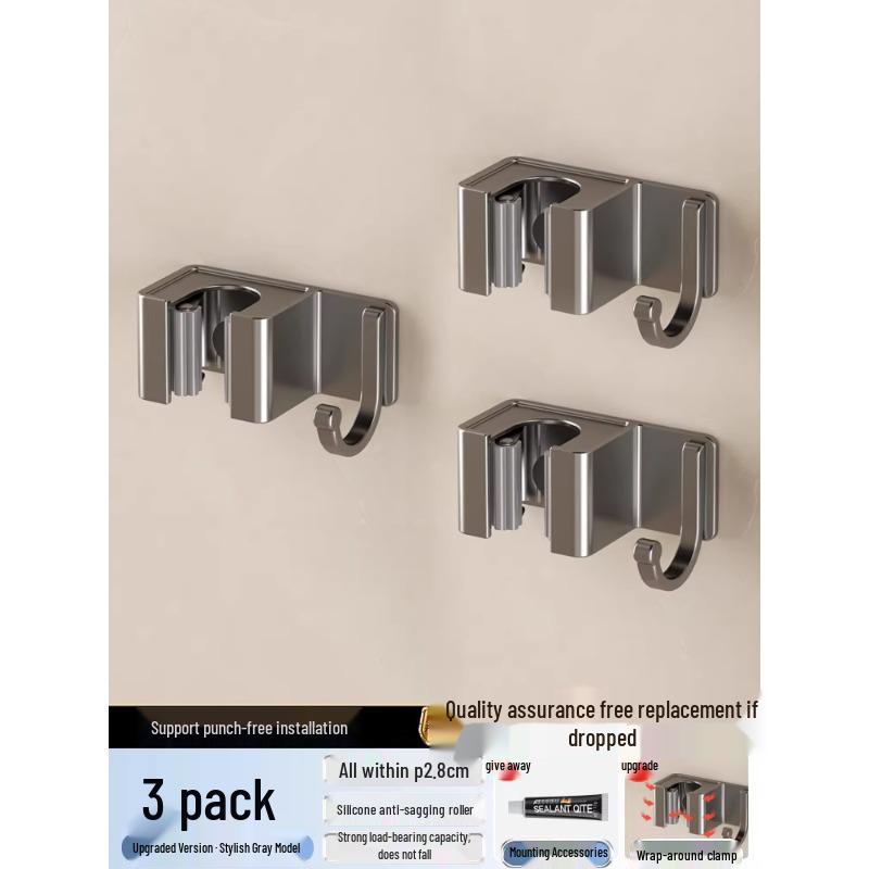 Punch-Free Wall-Mount Mop & Broom Holder with Strong Adhesive Clips