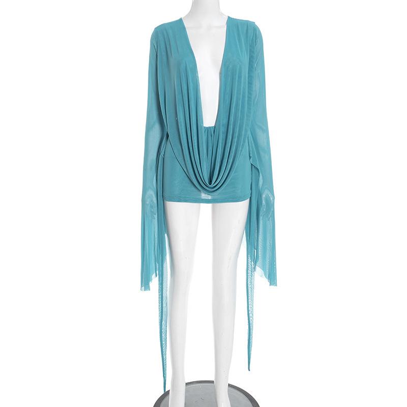 2026 Women s European & American Backless Mesh Ruffle Collar A-line Dress – Long Sleeve, Wide Hem. Small