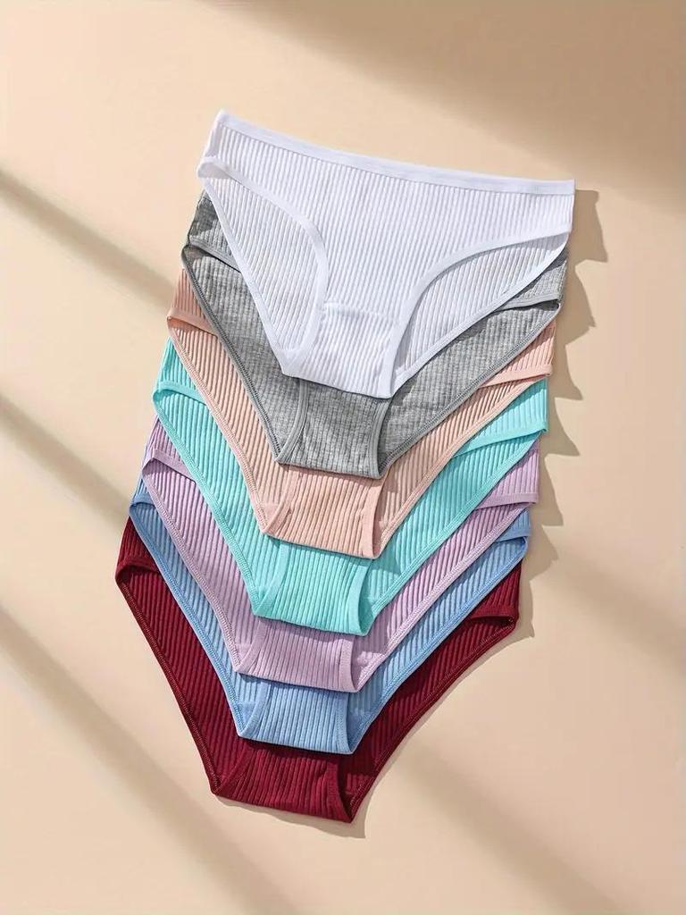 7Pcs Women Cotton Panties Striped Briefs Sexy Women's Underwear Low Waist Breathable Underpants Plus Size Solid Female Lingerie