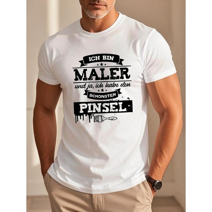 Men S Funny German Language T-Shirt -  Ich Bin Maler  (I M Painter) Humorous Paintbrush Design Tee with German Text Print, White Short Sleeve Round S