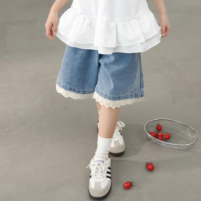 LUSON Stilvolle Denim-Capri-Shorts für Mädchen mit Spitzenbesatz