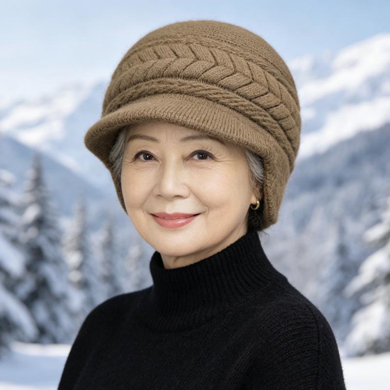 Middle-aged and elderly hats, women's autumn and winter fashion mother hats, fleece thickened ear protectors, cold-proof and warm knitted wool hats