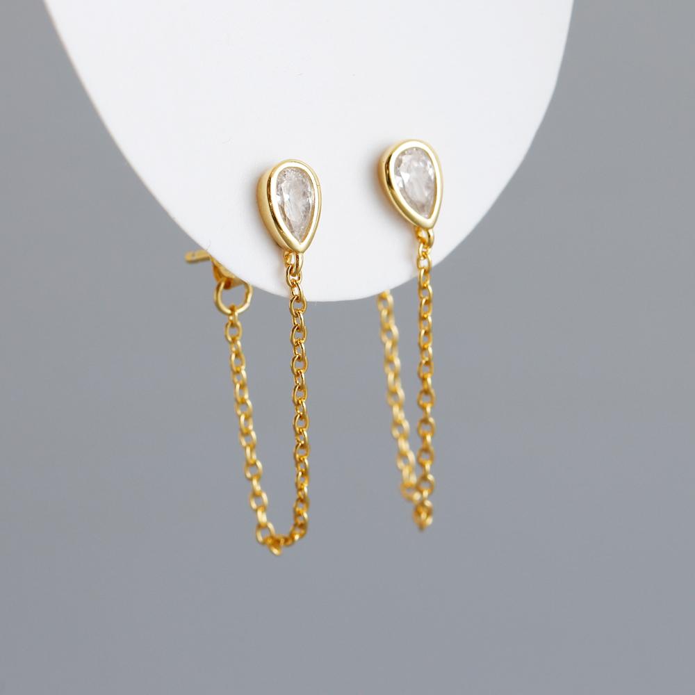Ins 925 Sterling Silver Long Chain Tassel Oval Water Drop Gold Plated Stud Earrings Jewelry for Women
