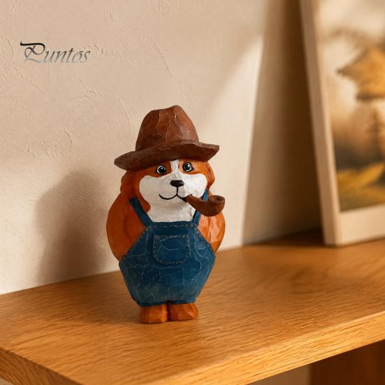 Western Cowboy Dog Figurine Style Pipe Puppy Figurine, Hand Carved Basswood Unique Painted Craft Gift Statue, Compact Ornament for Home Office Desktop