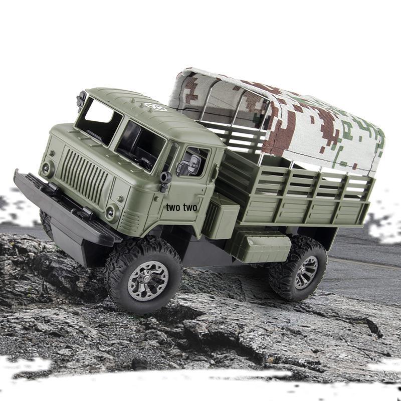 Four-Wheel Drive RC Military Transport Vehicle with USB Charging, LED Lights, and Climbing Rubber Tires