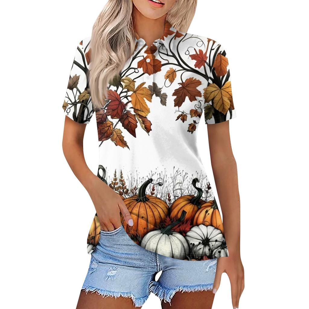 Dámská móda Ležérní klopa Krátký rukáv Halloweenský potisk Košile Dámské zapínací topy