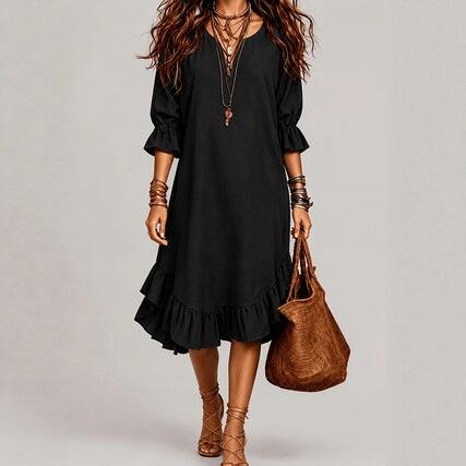 European and American dresses fashion temperament V-neck medium-sleeved ruffle hem casual dresses women's clothing
