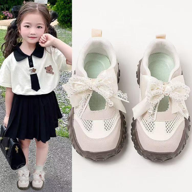 Girls' Sports Shoes Spring/Summer Stain-resistant Soft Sole Breathable Mesh Shoes Cute Bow Casual Shoes