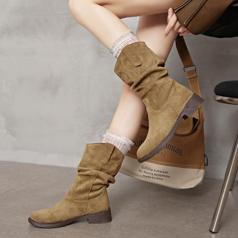 Fashion pleated piled boots autumn and winter new Maillard western cowboy short boots women's thick heel round head short boots