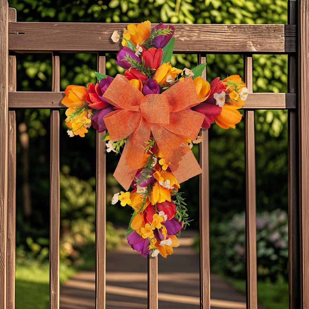 Artificial Flower Wreath Easter Cross Tulip Door Festival Reusable