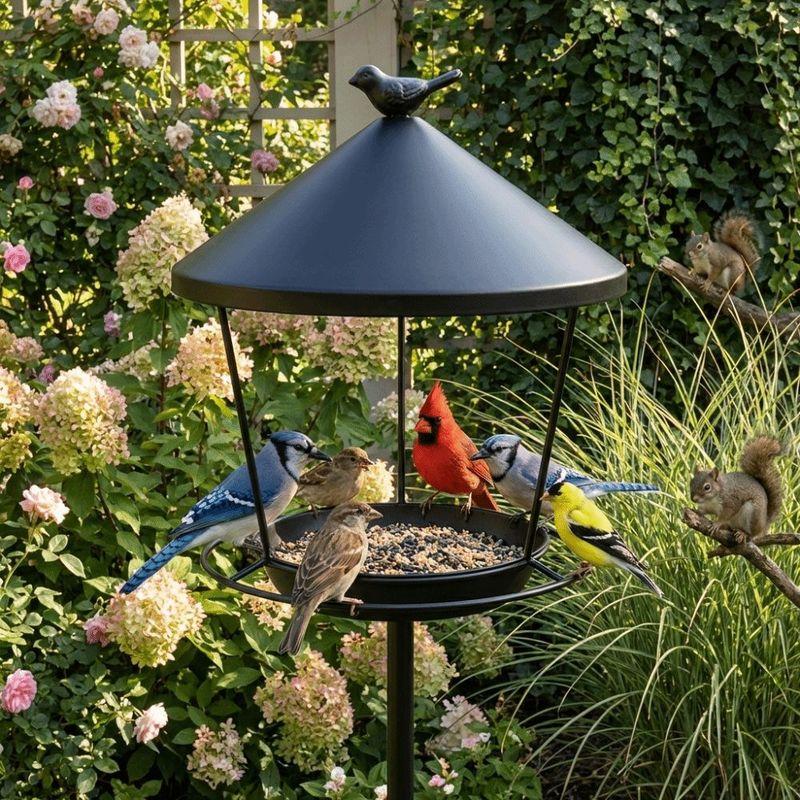Weatherproof Standing Bird Feeder Spill Guard Large Capacity Wild Feeding Station Anti-Waste Iron Birdbath Stand Courtyard