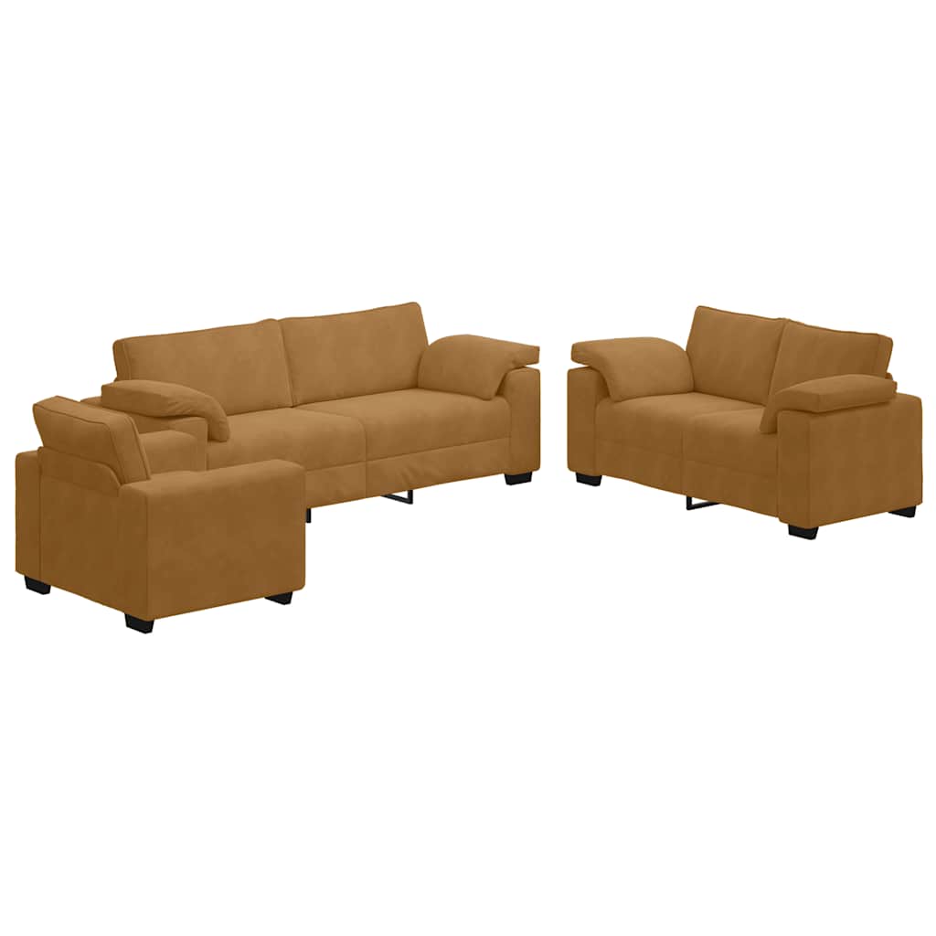 3 Piece Sofa Set with Cushions Brown Velvet