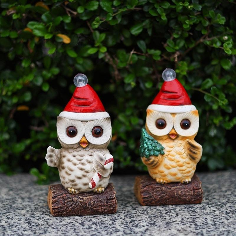 Owl Statue with LED Lighted Santa Hat for Festival Home Accent Resins Miniature Figurine Christmas Decorative Ornament