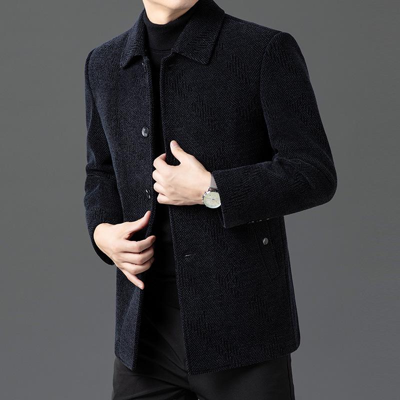 Men's Plush Single-Breasted Wool Coat - Thick, Warm, Stylish Outerwear for Autumn/Winter, Middle-Aged & Elderly Light Business Wear