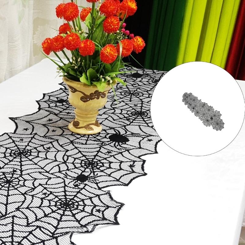 Elegant Black Spiderweb Tablecloth Halloweens Dinner Decoration 180cm Laces Design Indoor Party Decoration Long Polyester