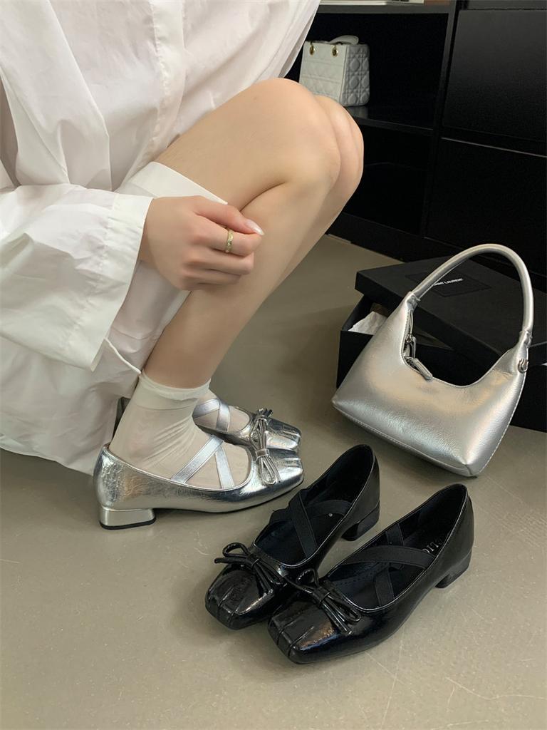 IPPEUM Mary Jane Shoes Black Silver Round Toe Block Heel Pumps Zapatos De Mujer Loafers Womens Shoes